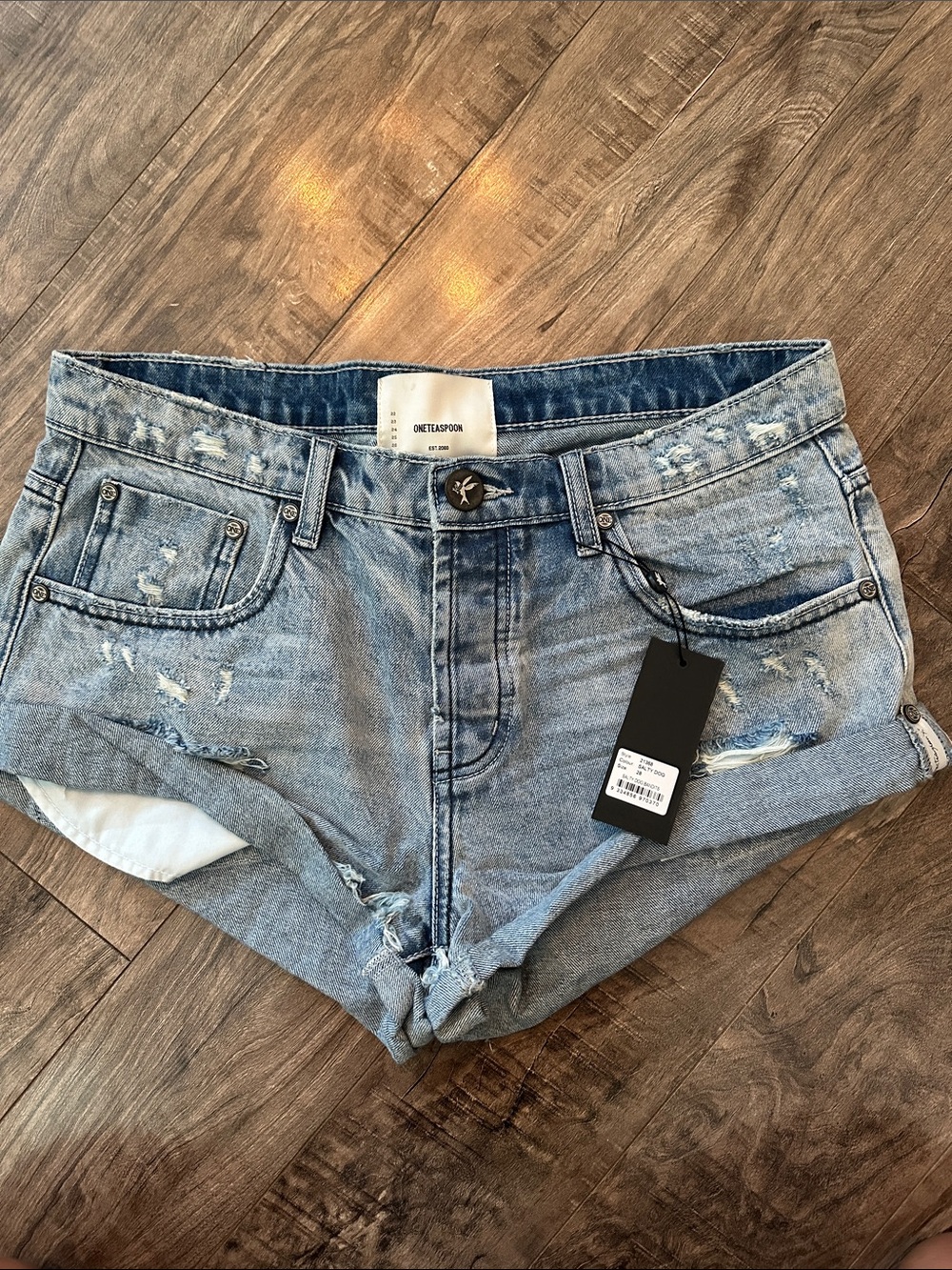 One Teaspoon Faded Light Blue Distressed Denim Shorts